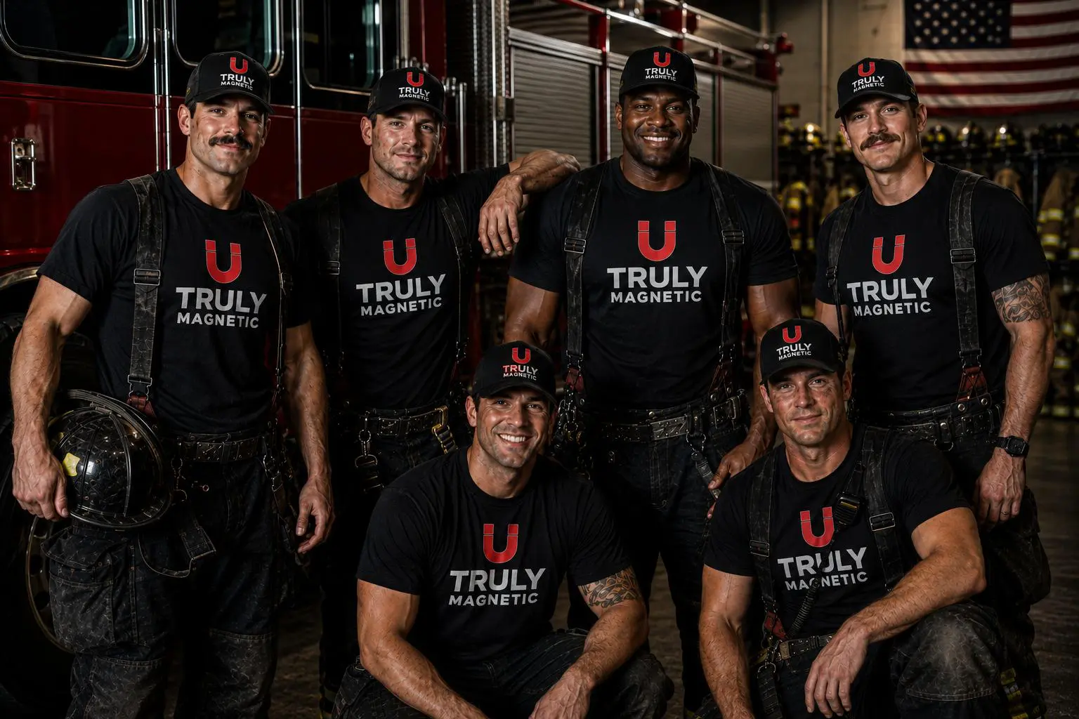 Group of firefighters wearing Truly Magnetic shirts