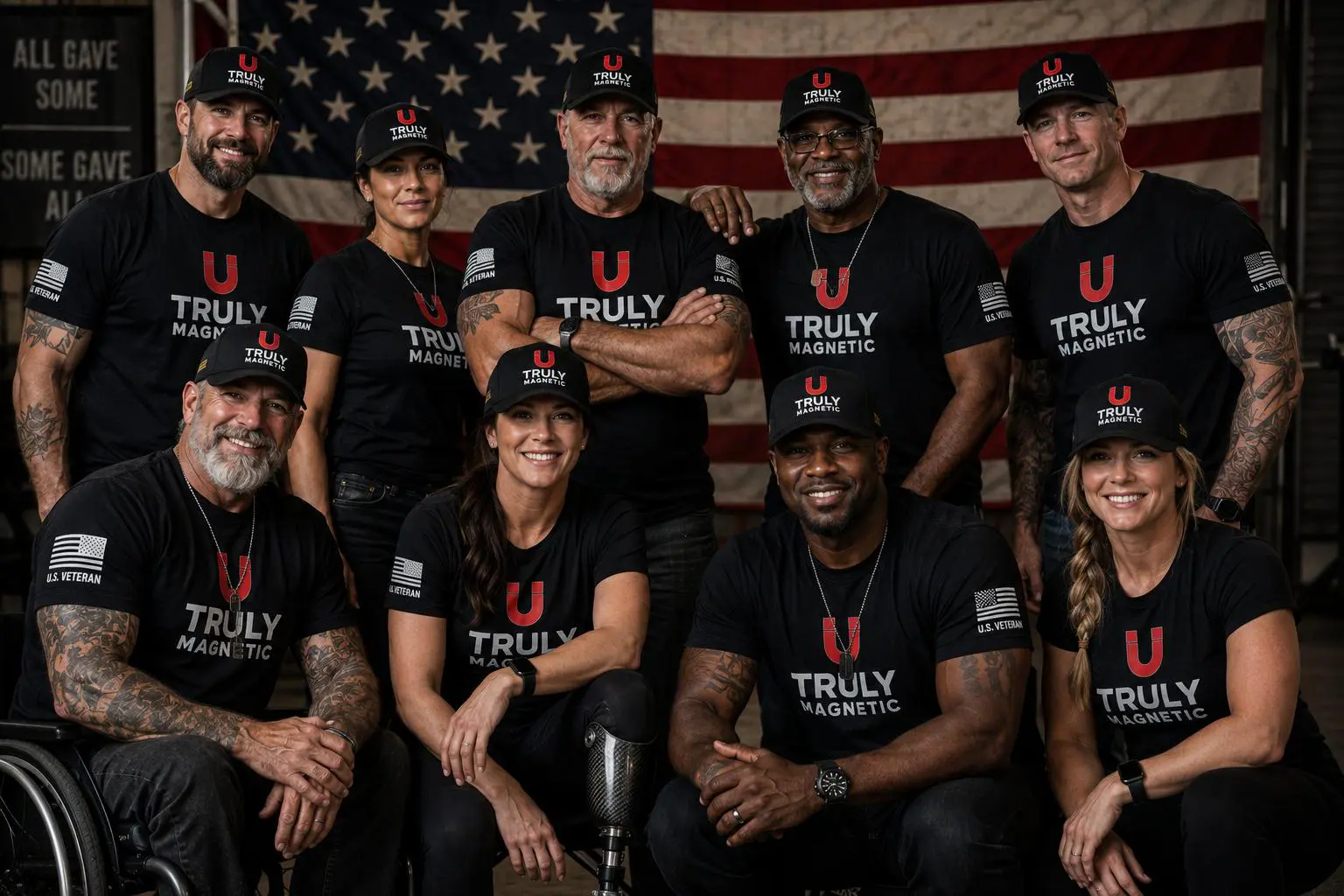 Group wearing Truly Magnetic shirts with American flag