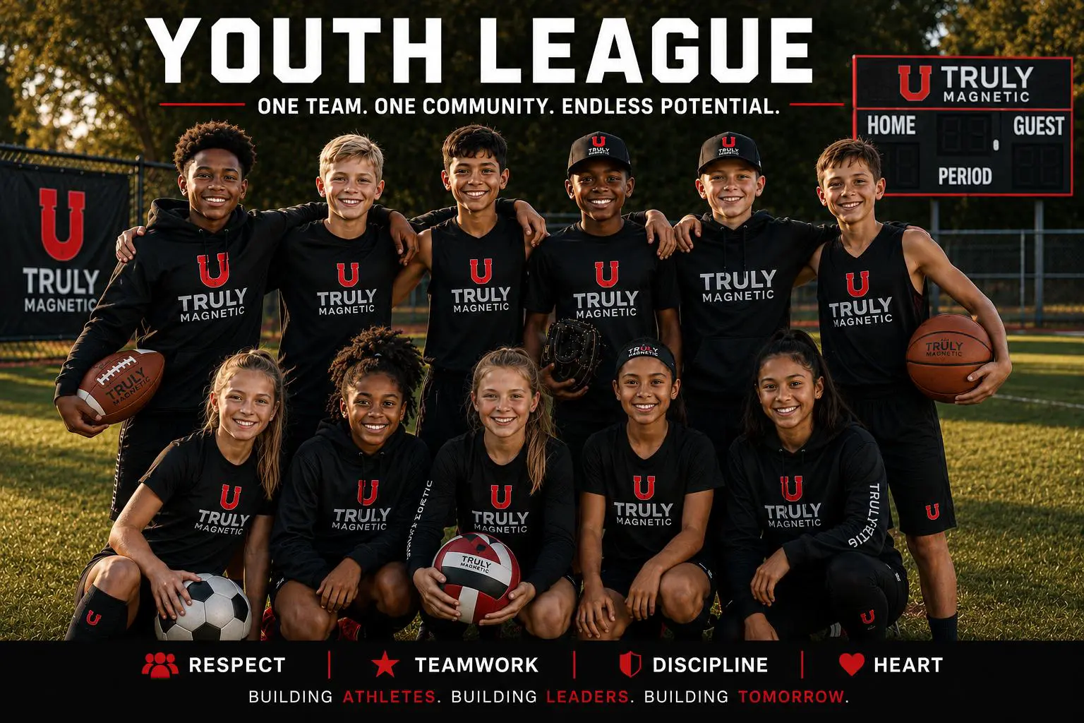 Youth league team posing with basketballs, soccer ball