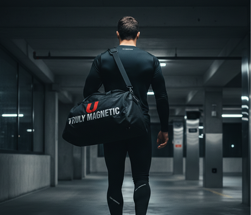 Person in black outfit with shoulder bag