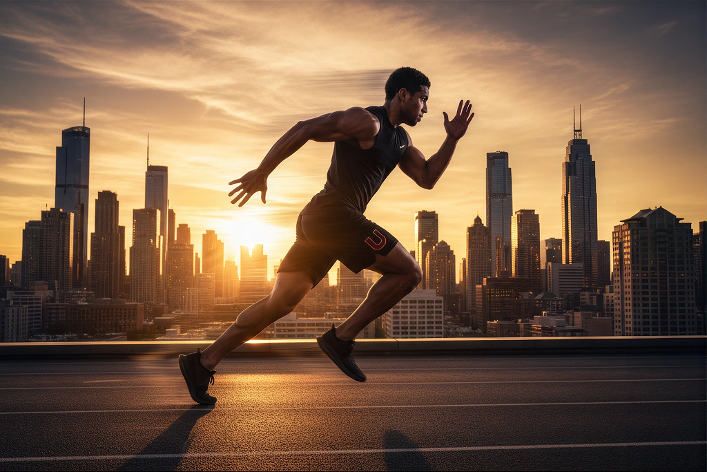 Runner in urban sunrise setting