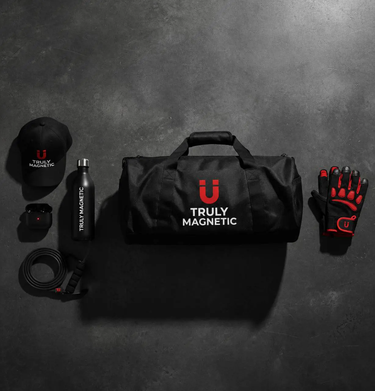 Black duffel bag with Truly Magnetic logo