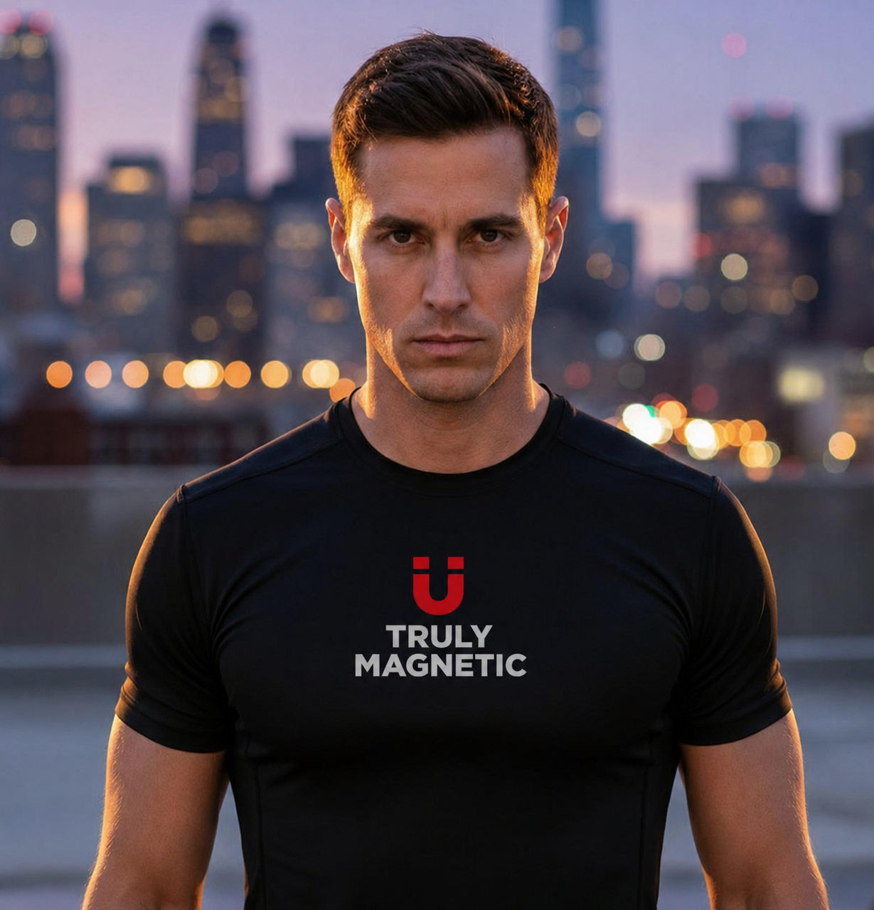 Man in Truly Magnetic shirt with city skyline