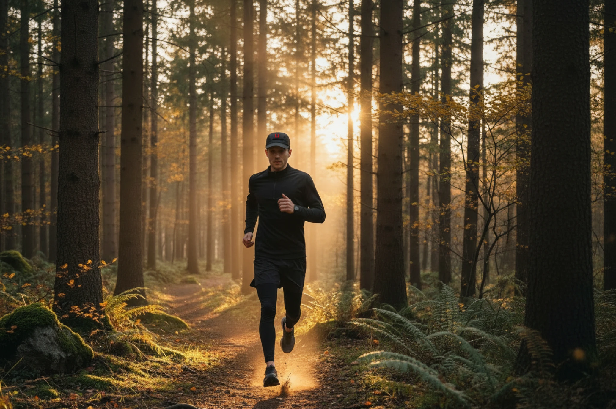 Runner in forest during sunrise