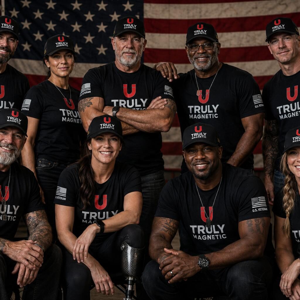 Group wearing Truly Magnetic shirts with American flag