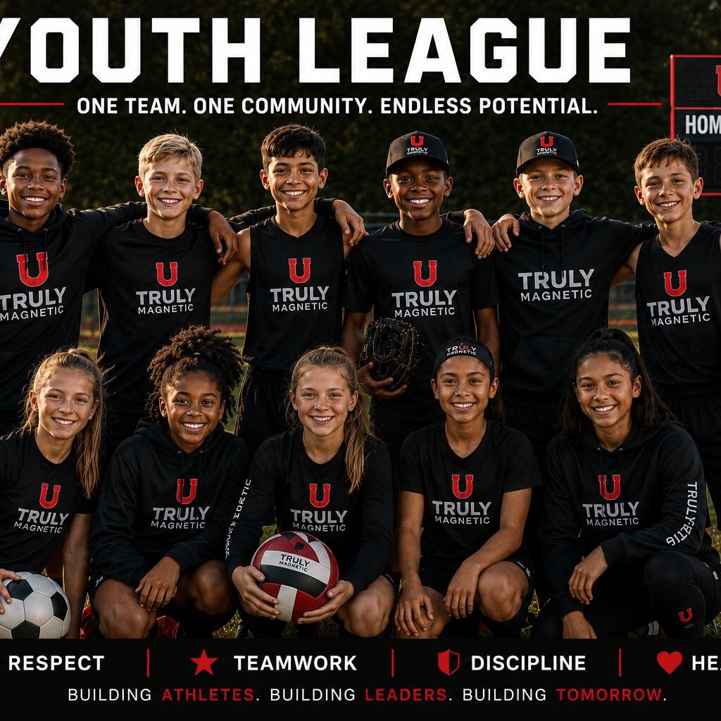 Youth league team posing with basketballs, soccer ball
